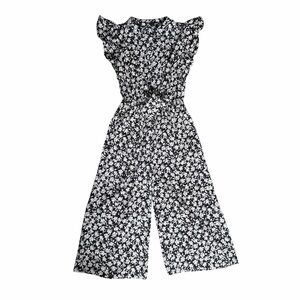 Maggy London Black Floral Flutter Sleeveless Cropped Wide Leg Jumpsuit Size 2